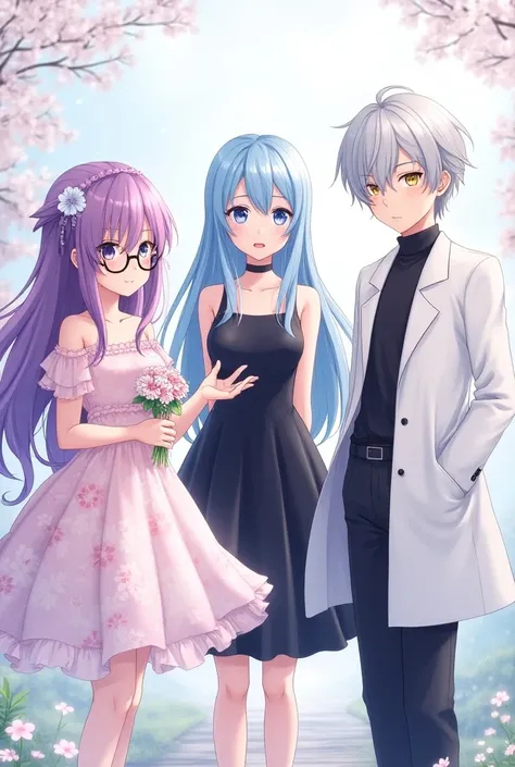 Anime girl with long purple hair with glasses and a floral dress next to her a girl with long blue hair with blue eyes in a black dress and a boy with silver hair with yellow eyes and a white anime coat