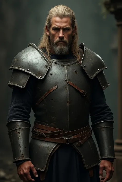  rough unkempt mercenary , 25 years old, handsome, long blonde hair,  beard in old tattered plate armor, gloomy appearance ,  fallen hero

photorealistic 