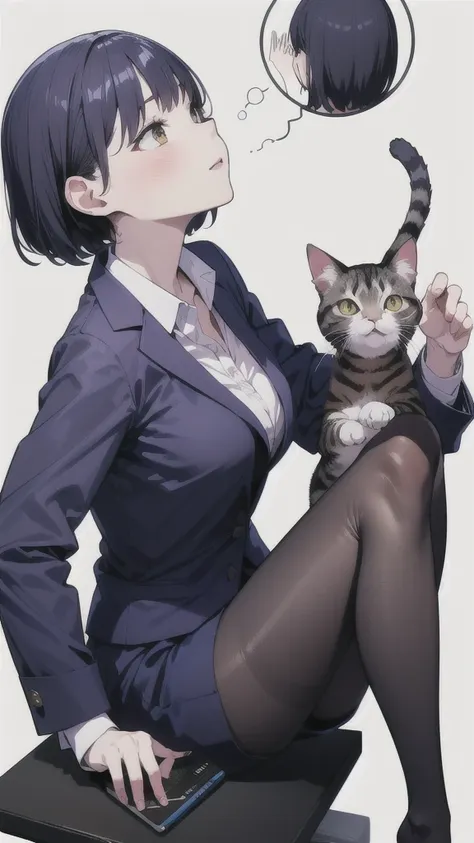 one girl,   simple white background,  office lady costume、 shortcuts , skirt、black tights、cat、look up,