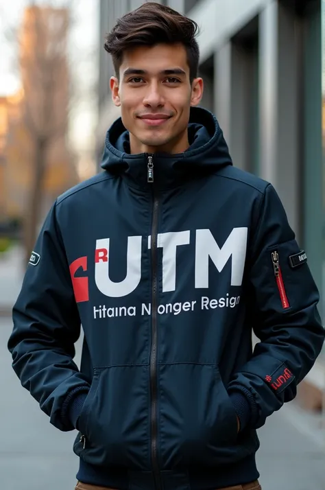 University jacket that says UTM in front and back engineering in Design 