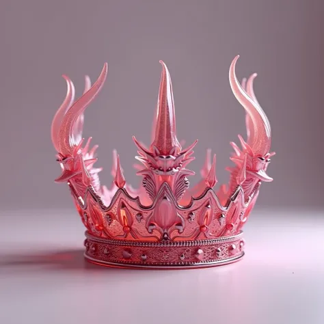 a crown made of glass , dark pink,  fantasy but realistic dragon-horned design,  solid background to highlight , detailed, High Definition Model, Necessary