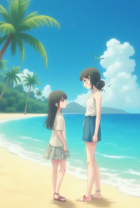 She generates a girl with great attributes and now naked looking at pal in front 
And whatever anime on a beach  