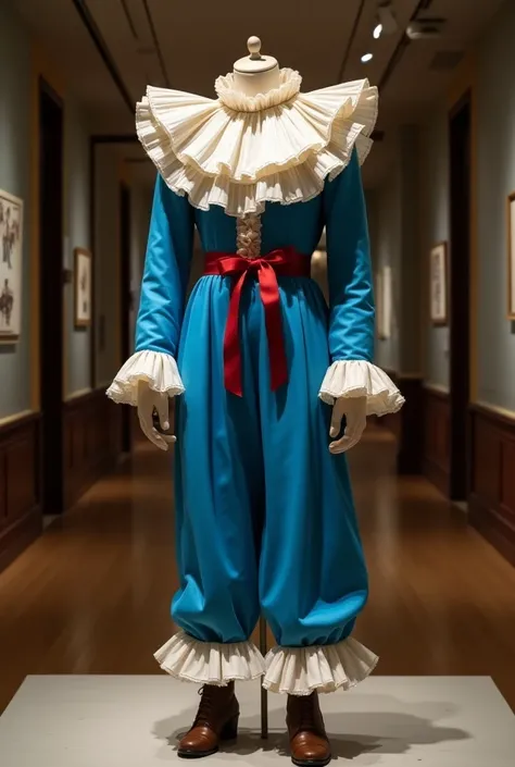 In a museum A blue clown outfit blue pants white ruffle around the neck white ruffle on the hands white gloves with red ribbon around the waist brown shoe ruffle white on the feet an outfit in a museum