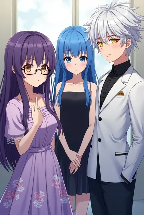 Anime girl with long purple hair with glasses in a purple dress with flowers on her side a girl with long blue hair with blue eyes in a black dress and a boy with silver hair with yellow eyes and a white anime jacket