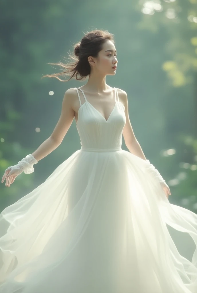 (photo realistic:1.55), masterpiece, best quality, detailed, blurry, depth_of_field, blurry_background, blurry_foreground, 1girl, gloves, white_gloves, dress, motion_blur, photo_(medium), solo, white_dress