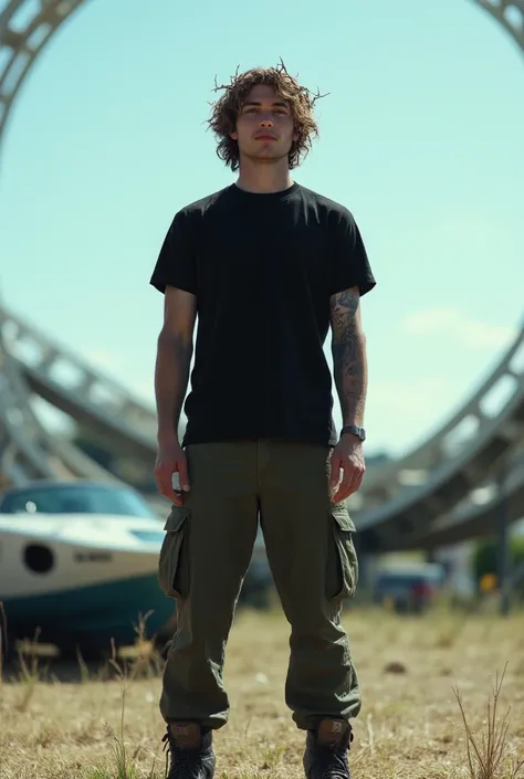 landscape photography of a young man as a ((scifi character)) with ((wavy hair)) wearing a (crown of thorns),  dressed in green cargo pants,  black t-shirt,  hiking boots,  white boat,  clear skies,  sunlit,  outdoor setting,  standing straight,  hands by ...