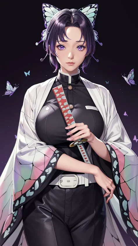 (（（figure，御姐figure,White and tender skin,（（haori, wide sleeves, long sleeves, black pants, black jacket, belt，）））,(（（kochou shinobu, butterfly hair ornament, purple eyes, multicolored hair, short hair, parted bangs, ））),,((masterpiece)),highres,((Best qual...