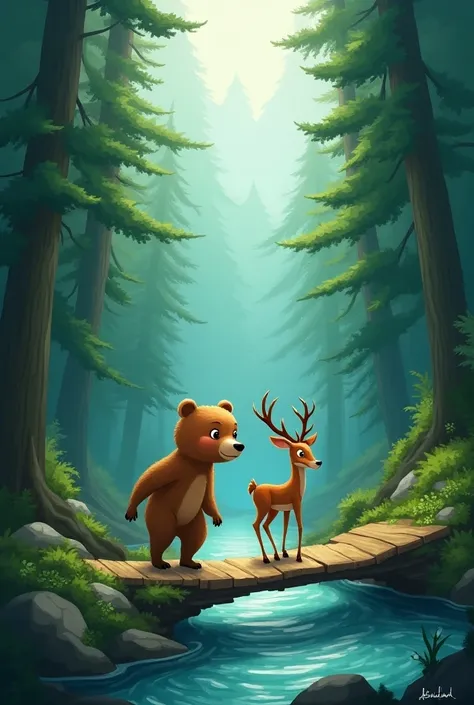 Both the bear and the deer travel through the big forest together. On the way, they come across a wide river without a bridge. The little bear stops thinking and says, “We better walk along the river, lets find the crossing ourselves.!”
The two followed th...