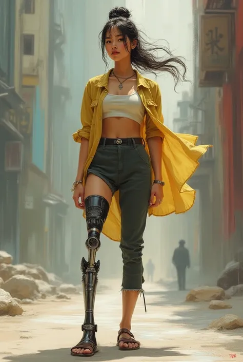 Adult Asian girl ,  wearing leg prosthesis, design
