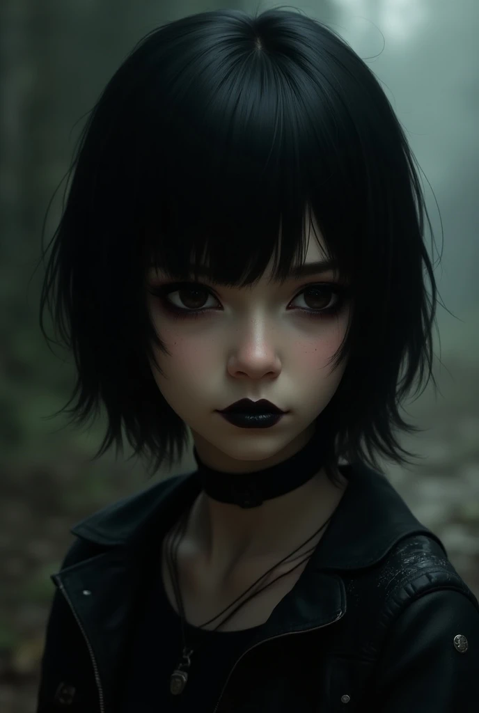  a stylish teenager from the game Life is Strange, with short straight black hair ,  gothic makeup with black shadows and black lipstick 