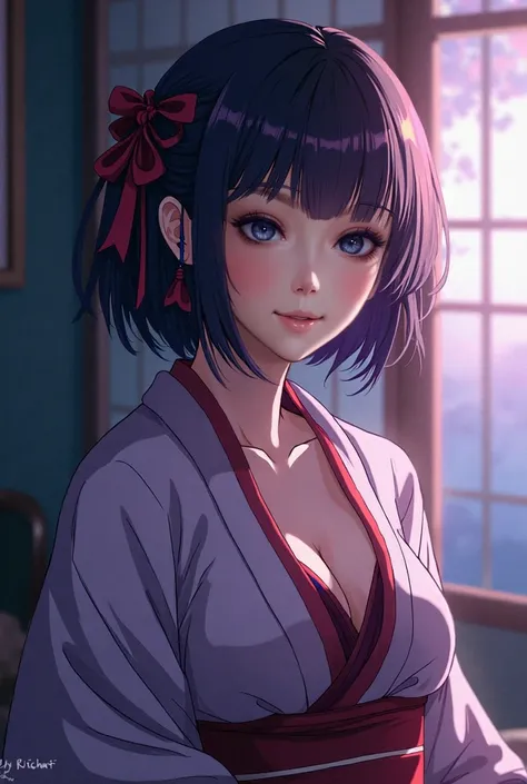 A woman with bob hair wearing a kimono。
The chest is hidden、Her huge breasts are visible even through her kimono.、Purple Eyes。
Adult female, aged between late 20s and early 30s。
Anime-style images。