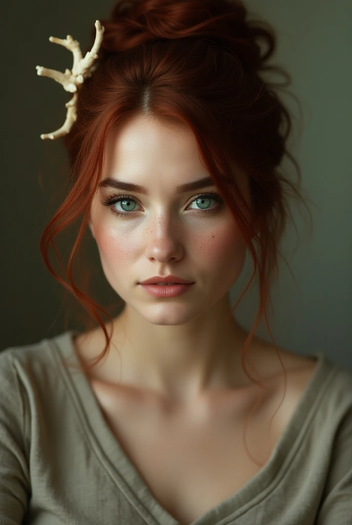 A highly detailed, realistic portrait of a woman seated with poise, her body slightly angled but her head turned to meet the viewer’s gaze. Her captivating teal green eyes (#008080) are intelligent and magnetic, framed by long, dark lashes. Her gaze is int...