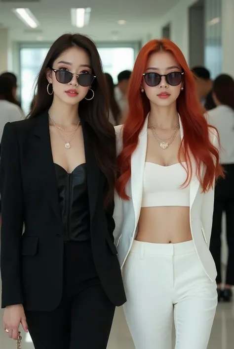 JENNIE KIM HAS LONG HAIR, WHITE SKIN, AND IS IN A BLACK SUIT ON A BLACK CROP. SHE HAS ROUND HOP EARRINGS IN HER EARS, A CHAIN ​​NECKLACE ON HER NECK, AND SUNGLASSES ON HER EYES. ROSANNE PARK IS A LONG-HAIRED WHITE-SKINNED RED  WEARING A WHITE CROPPET AND W...