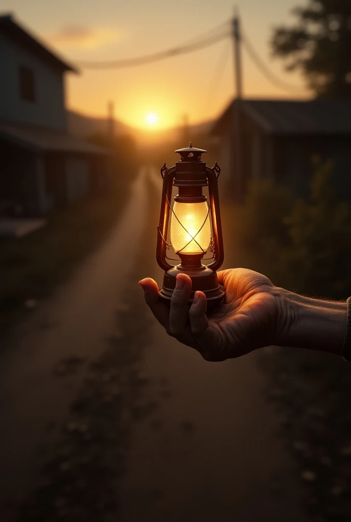 Hand holding old lamp illuminating dirt road at dawn