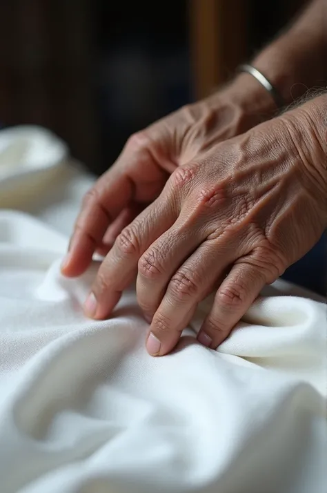 Hands of an elderly Brazilian , black, cutting a white fabric.