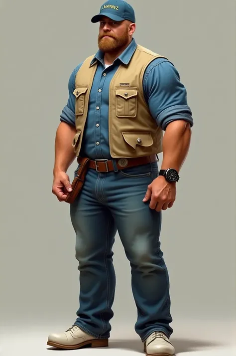  tall mens brown ,  sturdy blue shirt with beige vest,  shoes white , black watch ,  blue jean black cap embroidered with L . MARTINEZ 