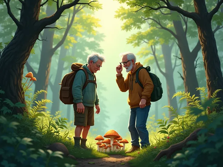  Two men walk in the woods picking mushrooms. One 50 years old ,  slightly overweight ,  the other 65 years old is skinny 