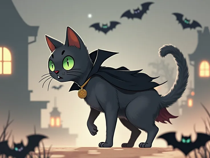 That cat is wearing the clothes of Dracula from Helloween and he is in a Halloween place, a place with annoyances and a house with lights inside and out the windows and bats flying out and you blur on his sides and his eye color being green 