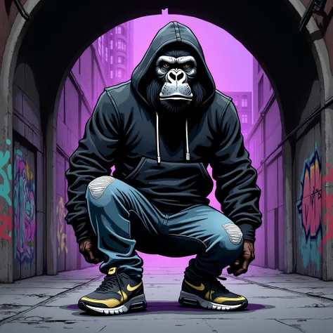 A gorilla in baggie jeans ,  hooded hoodie and Nike Airmax in a Uban tunnel as a comic character.  The Solöte style is based on the colors black , Silver and Midnight Purple are 