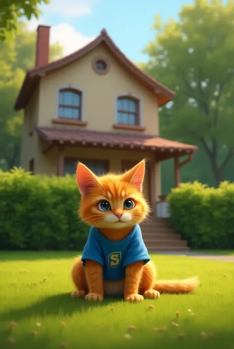 An orange cat wearing a blue t-shirt is relaxing in front of the house. He looked around with a curious expression, then heard a mysterious sound from the bushes.