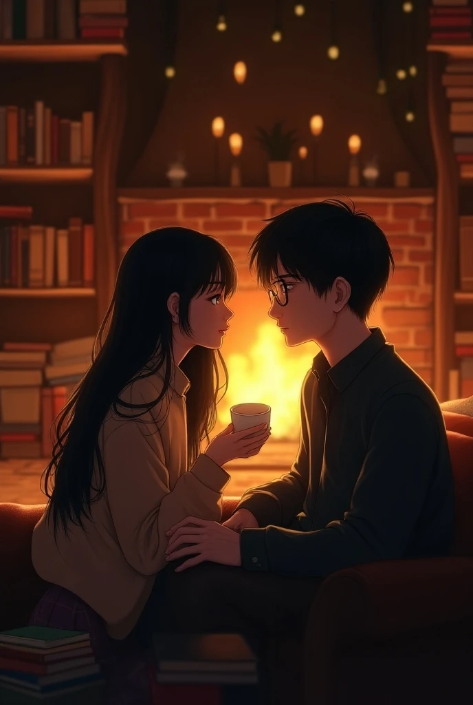  A couple in a library inside the house,  with a fireplace and wooden furniture . The woman is Clara ,  has long black hair and bangs . The man is white,  has short straight black hair , wear glasses. 
