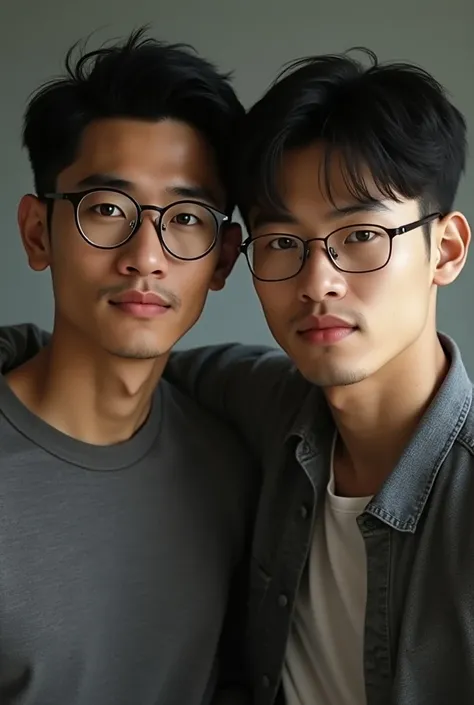  Creates an ultra-realistic image , , especially in terms of faces , de deux jeunes homme de  18 ans.  The image represents them from head to toe. One is mixed with caramel skin , porte des lunettes, lautre des dorigine chinoise.