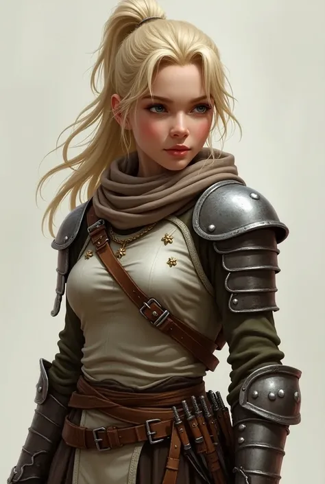 young white,  long blonde hair with a ponytail ,  wears simple feminine armor with fabric details, She has daggers around her waist 