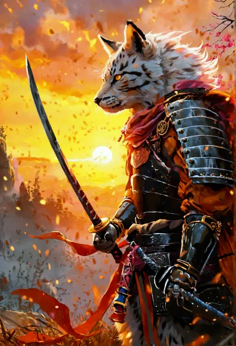 A majestic, realistic depiction of a fierce wild animal warrior, clad in rugged armor, wielding a gleaming samurai sword, set against a breathtaking backdrop of a vibrant sunset, with warm orange and pink hues casting a golden glow across the landscape, th...