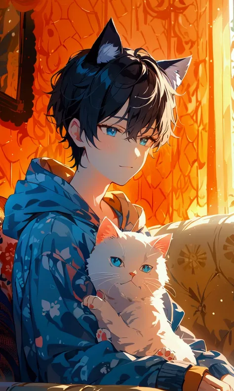 Black Hair、Blue Eyes、short hair mash hair、Boy with cat ears、 hoodie、 Hood with Cat Ears 、 Hug a round stuffed cat、 sitting on the couch 、Pale Orange Light 