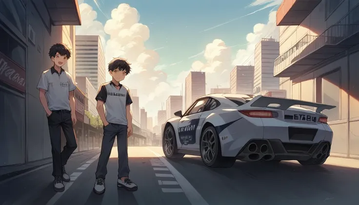 (masterpiece), best quality, high resolution, highly detailed, detailed background, perfect lighting, 2 anime boys , friends, in front of a racing car, urban scenery, city in the background, first boy: tall, strong, black hair, smile, young. Second boy: bl...