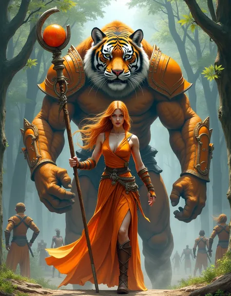 A Beautiful Sexy Warrior Woman With Orange Hair And Blue Eyes And Wearing A Realistic Orange Warrior Dress From The Front Holding A Staff With An Orange Ball On The Tip Of The Realistic Staff,  With The Background Of A Sexy Muscular And Giant Warrior Tiger...