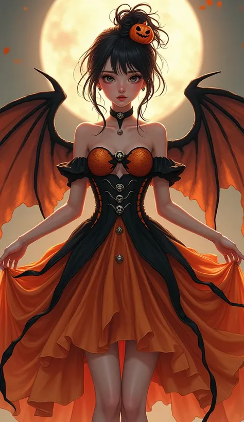 full body shot, anime style, manga, a woman with beautiful detailed eyes, beautiful detailed lips, extremely detailed eyes and face, long eyelashes, presenting a halloween dress in orange and black colors, with skulls and bones, when she spreads her arms t...