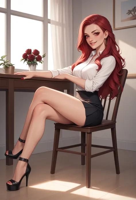 1woman, She is an adult and grown woman, She has got a beautiful long wavy messy and fluffy jet dark rose red hair that shows her gentle, she has got a red lipsticked beatifull lips, beatifull eyelashes and gentle and humble dark red colored eyes, she wear...