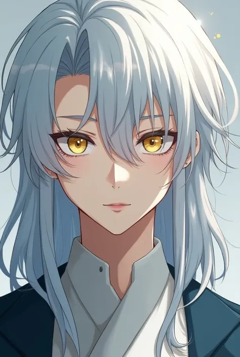  A man with long, smooth, snow-white hair and yellow eyes with a narrow eye ,fair skin and firm lips and a very youthful but mature face in the form of a Chinese-style anime 