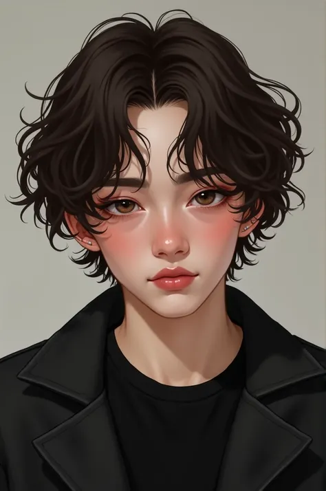 Non-binary person , white skin, 19 years old,  wears a black shirt and jacket,  slightly big eyes .  big hair, curly, long and brown. pink lips. smiling a little.  Neck a bit thick .  Eyes a little sharp , Almost Asian .  A bit mysterious look. 