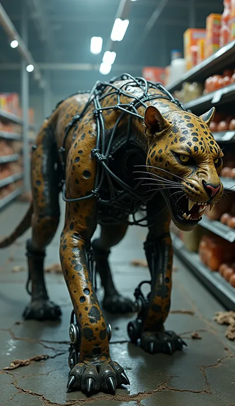 Creature: A terrifying fusion of a leopard and a grocery cart, blending features from both into a monstrous entity.
Appearance:

    Body: The hybrid creature should have the sleek, muscular build of a leopard, but parts of its body are fused with the stru...