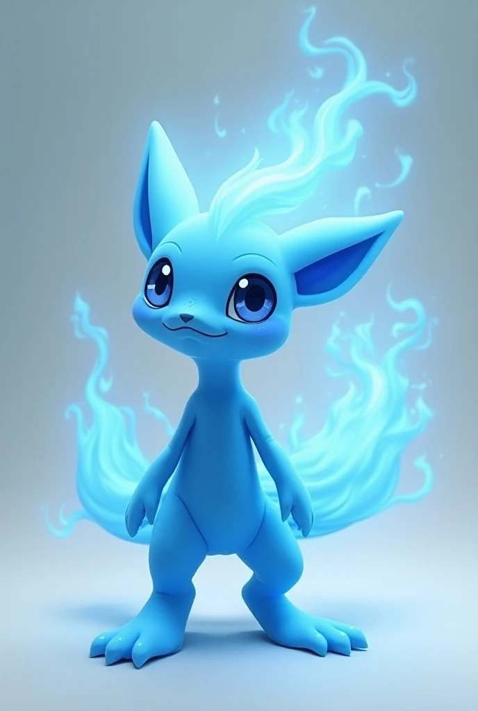 Make a Pokémon that is a cute humanoid made of blue fire and is standing 