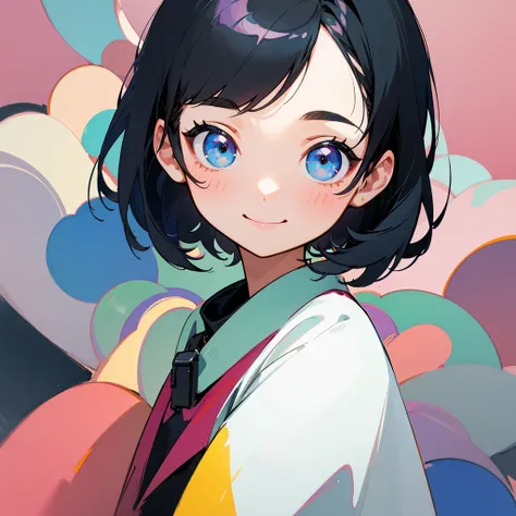 solo, 1人のgirl,  High Resolution , background simple、Mini character、 mascot character、girl、cute、smile, Black Hair, masterpiece, Best Quality, Bob、front、Third-class、watercolor、Pastel colors