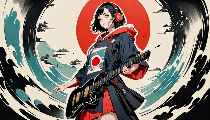 (((Ink Painting))), (((Standing alone ))), (((From below))), ((( flashy makeup ))), (((Japanese style headphones))), (((Japanese pattern hoodie))), (((Wearing a hood))), (((  playing electric guitar))), Japan人の美少女,Black Hair , Delicate and precise,  Modern...