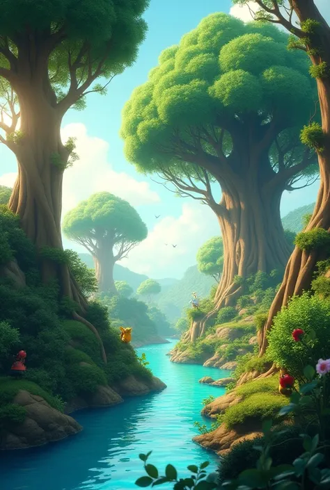 Garden of Eden with incredible trees and crystal clear rivers in Disney Pixa 3D style 