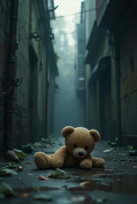 I would like you to create a sad environment like an alley or something for an image of a broken teddy bear