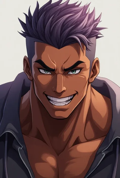  Purple and gray short hair,smile,  simple background , Shine, illustration,  Grey-green eyes ,Brown skin ,Open eyes,smile seductora,Muscular man.