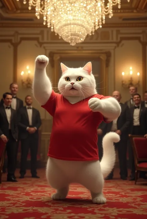 In a grand ballroom, the muscular white cat wears a vibrant crimson t-shirt, playfully batting at a sparkling chandelier while guests in formal attire look on in delight.
