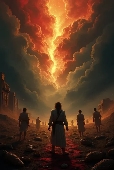  Create a powerful illustration depicting the tribulation described in the Bible.  The scene must show a variety of plagues , like frogs, grasshoppers and blood ,  with heavenly signs ,  such as falling stars and earthquakes .  Include desperate human figu...