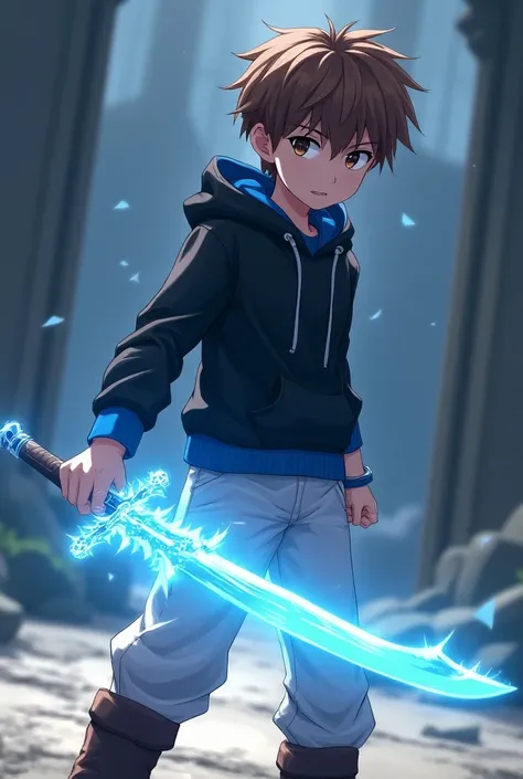 anime boy with black hoodie with blue trim and,brown hair and brown eyes white pants and brown boots he hold the light sword,a legendary blue-hilted sword with the blade illuminated with a blue light