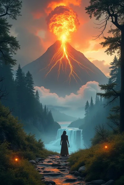 (single image created by collage or montage), (forum avatar), high quality, masterpiece, (combines at least 4 of the following things: dragons, elves, forest, volcano, fire, light, shadows, ice, sea, humans, japan)
