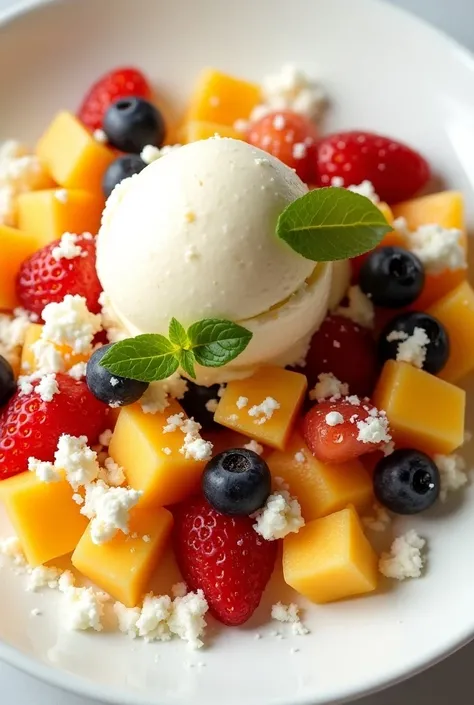 Help me create a realistic image of a chopped fruit salad with ice cream, grated cheese and scattered heavy cream. 