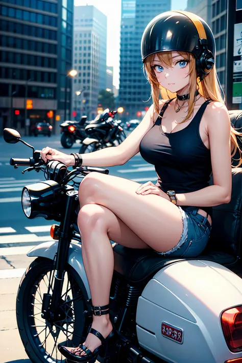 masterpiece, Best Quality,  High Resolution ,Alone, Accurate human body、Knowledgeable person、Correct 5 fingers,Brown skinned woman,A woman wearing a black tank top and denim shorts,blond woman sitting on a motorcycle with a helmet on, sitting on a motorcyc...