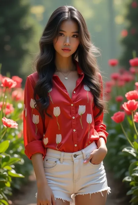 Very beautiful Thai woman, beautiful skin outdoors, walking, red satin shirt with white tulips, embossed fantasy shiny color, white jeans shorts, long flowing hair, black and gray highlights, wearing a necklace, walking in the garden, looking at the camera...