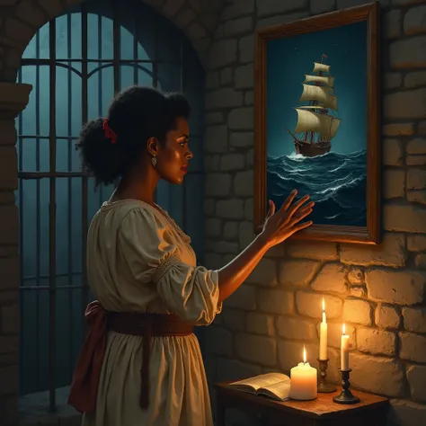 Create a mulatto woman locked in a stone jail, touching with one hand the realistic painting drawn on the wall without any frame of a ship sailing on the sea. The atmosphere has to be at night and with candles nearby that illuminate 